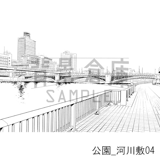 公園_背景素材集4(河川敷)_トーン