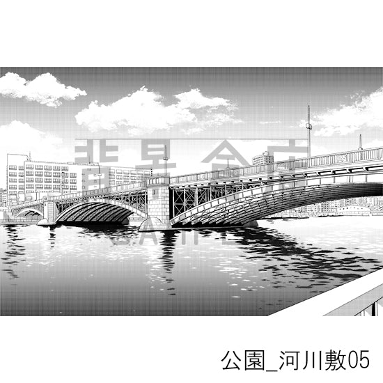 公園_背景素材集4(河川敷)_トーン