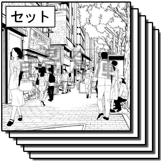 モブの入った繁華街の街並のセットです。（7枚組）