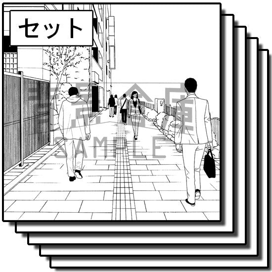 モブの入ったオフィス街の街並のセットです。(6枚組)