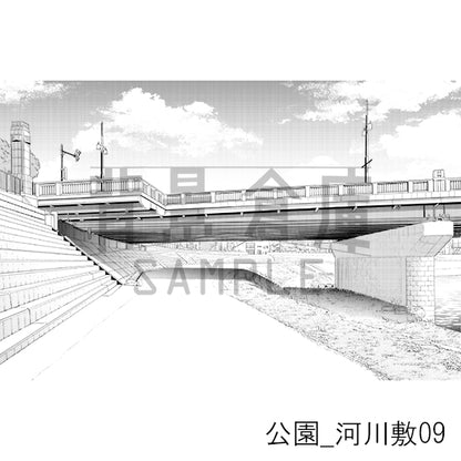 公園_背景素材集5（河川敷）_トーン