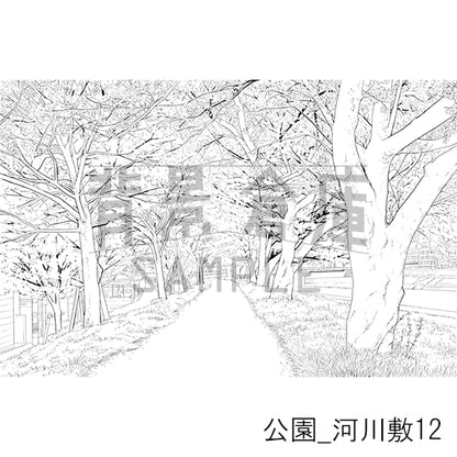 公園_背景素材集5（河川敷）_トーン