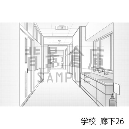 学校_背景素材集41（廊下）_トーン