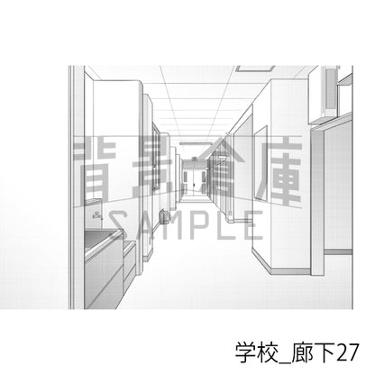 学校_背景素材集41（廊下）_トーン