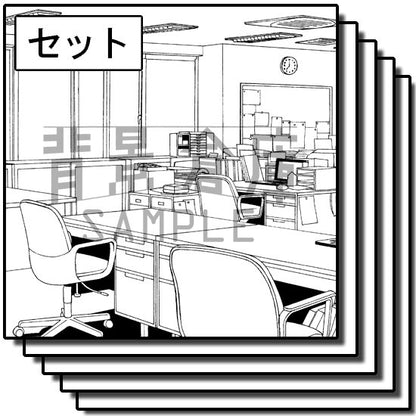 オフィス街の室内セットです。（10枚組）