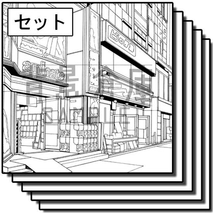 繁華街の街並のセットです。（9枚組・高解像度版）