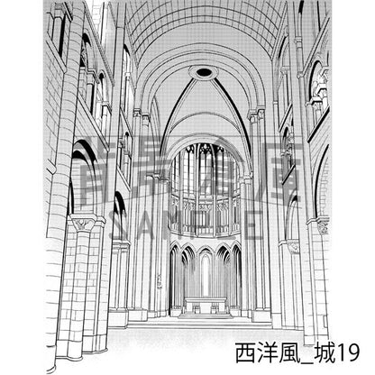 西洋風のお城の背景（トーンつき）です。