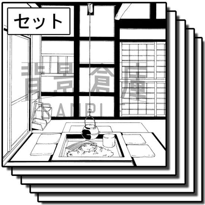 和風の囲炉裏、風呂、玄関、小物の背景を収録したセットです。（12枚組）